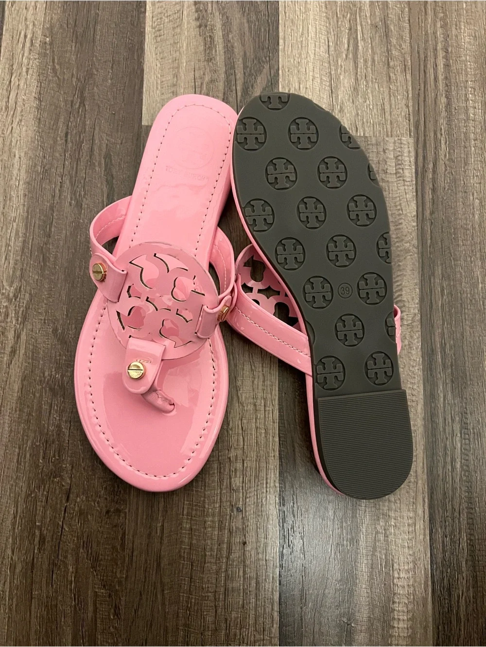 Tory Burch Pink Patent Logo Thong Sandals